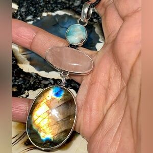 Large Crystal Pairing of Rose Quartz, Larimar & Labradorite Pendant 3 1/2”